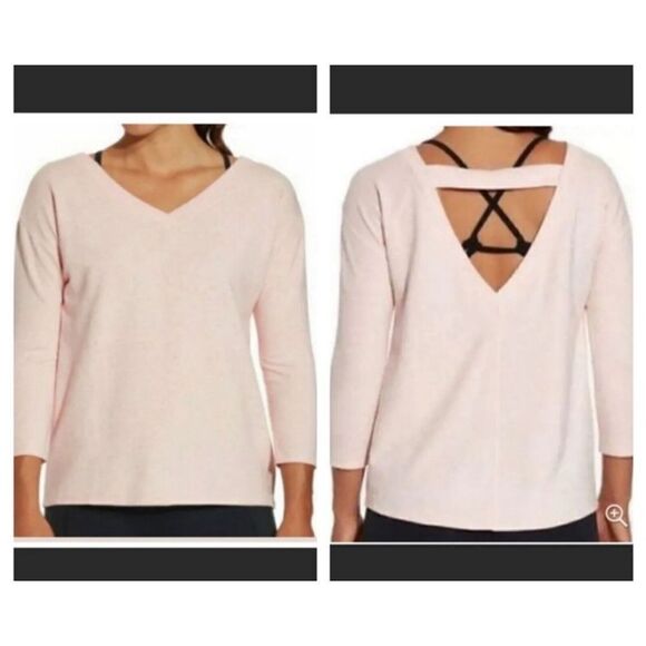 Calia Gray Effortless V-neck V-back Cutout 3/4 Sleeve Top Womens Size Small - Picture 2 of 7